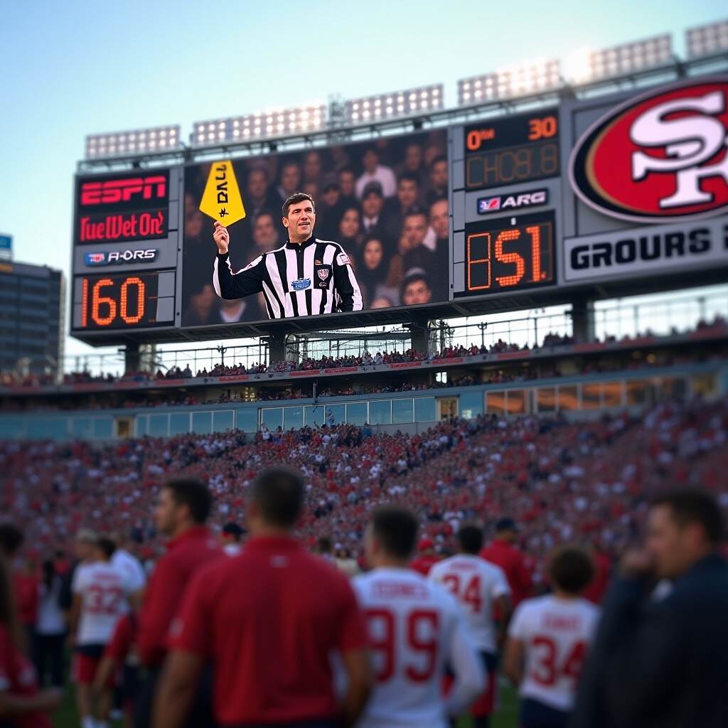 estádio da nfl lotado com torcedores observando um telão que aparece o arbitro prestes a anunciar uma falta. os fãs sabem como apostar em futebol americano