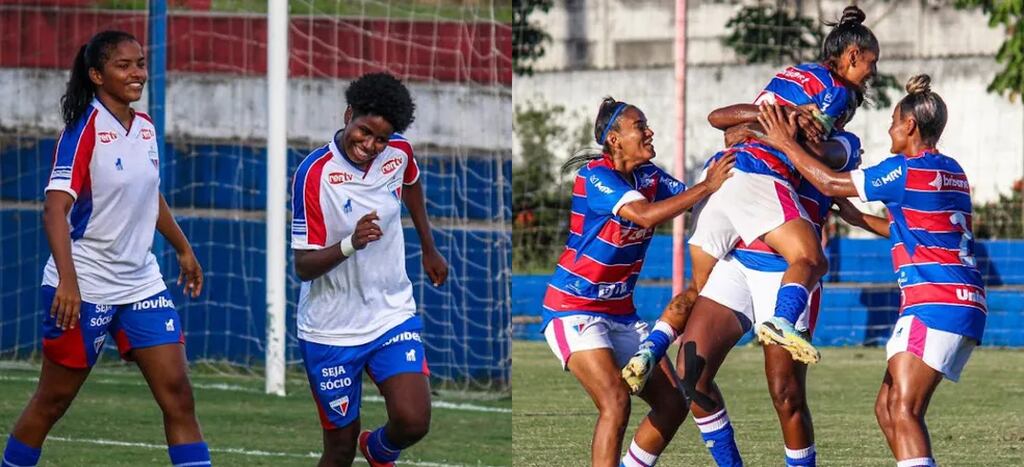 Jogadoras do time feminino de futebol do Fortaleza, sorrindo e comemorando durante partidas da equipe.