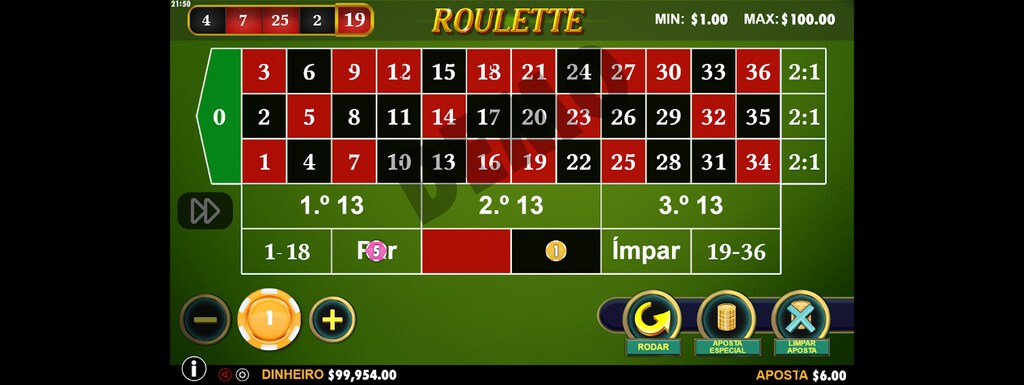 Tela do jogo de slot, Roulette, com moeda amarela com número 1, e diversos quadrados vermelhos e pretos com números.