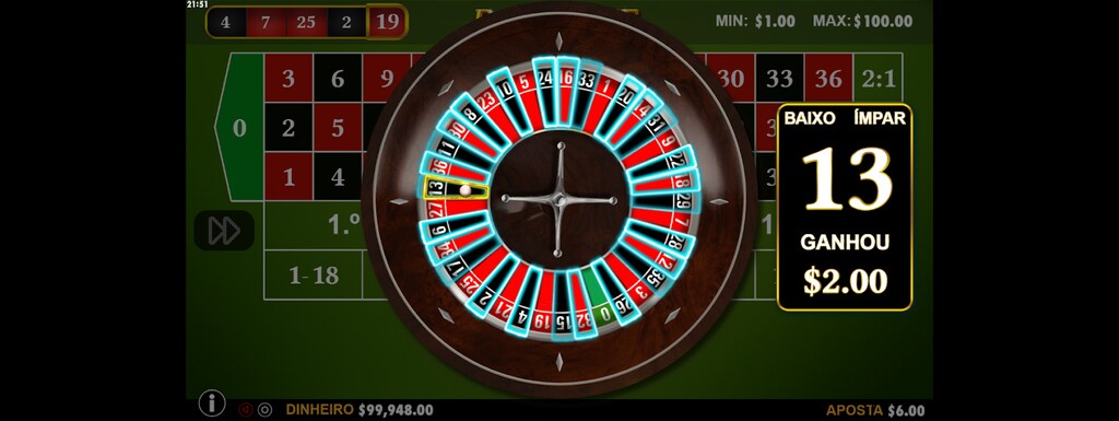 Roleta do jogo de slot Roulette, indicando que o jogador ganhou 2 dólares em sua rolagem.