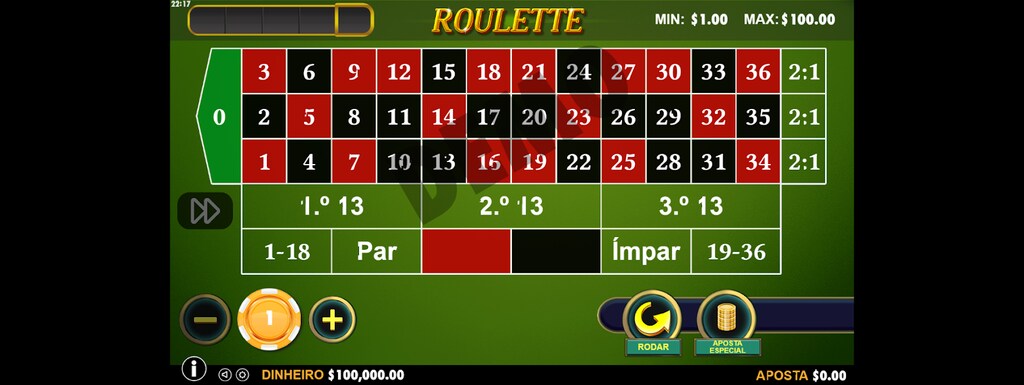 Tela do jogo de slot, Roulette, com números em quadrados pretos e vermelhos espalhados pela mesa.