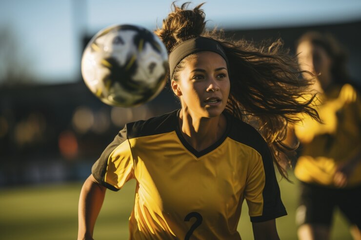 Mulher a frente de uma bola em um campo de futebol 