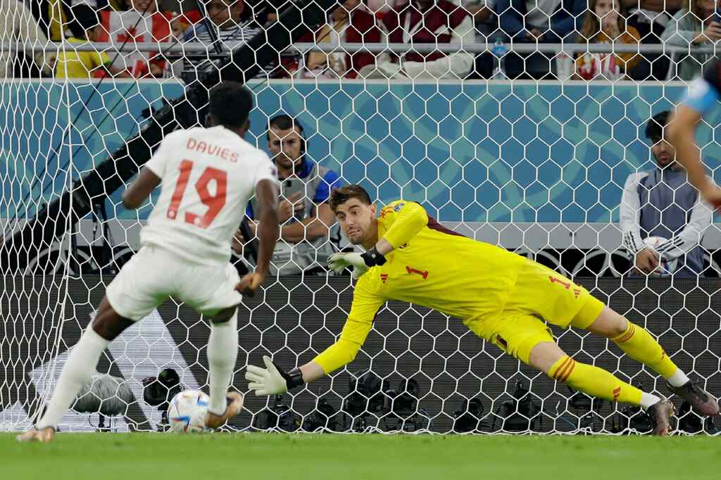 Courtois prestes a defender um pênalti, o que pode ser considerado chute a gol