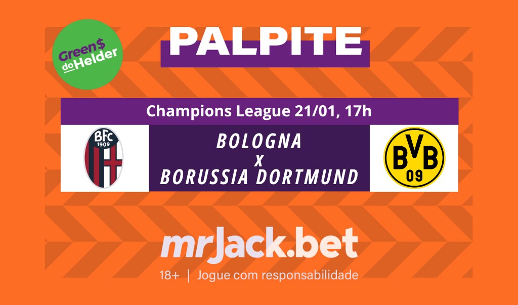 Representação gráfica com as imagens dos escudos de Bologna x Borussia Dortmund pelo jogo da Champions League