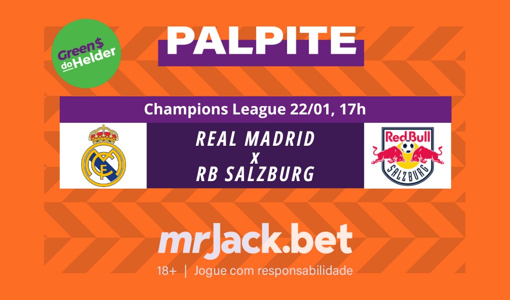 Representação gráfica com as imagens dos escudos de Real Madrid x RB Salzburg para o jogo da Champions League