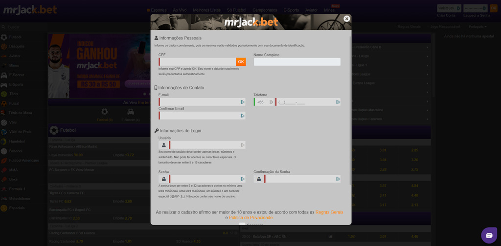 Imagem do site de apostas esportivas Mr.Jack mostrando as caixas que devem ser preenchidas para realização do cadastro.