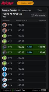 Lista de apostas do jogo Aviator, com as apostas do jogador selecionadas na cor verde.
