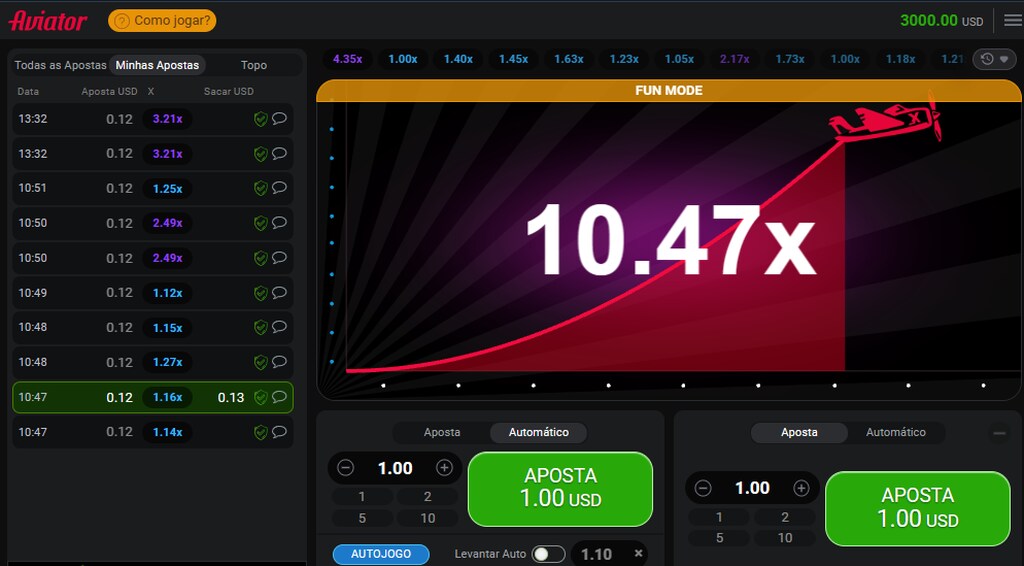 Tela do jogo Aviator, mostrando um multiplicador de 10.47x para o valor apostado.