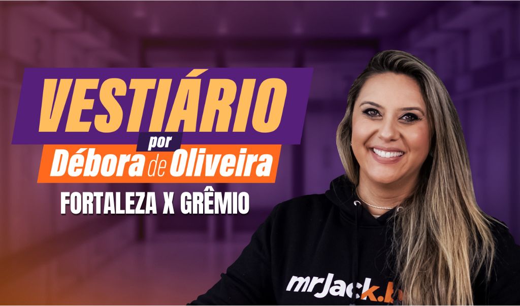 Montagem com a foto da jornalista Débora de Oliveira e um texto ao lado escrito "Vestiário por Debora de Oliveira"