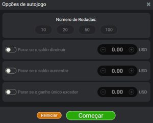 Tela de opções de jogo automático do Aviator, com as opções de número de rodadas seguidas para configurar a aposta.