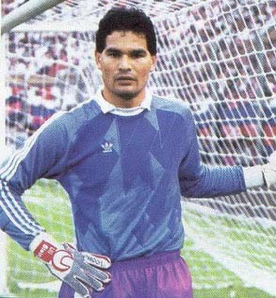 Ex-jogador de futebol José Luís Chilavert, vestindo uniforme azul e se preparando para a defesa.