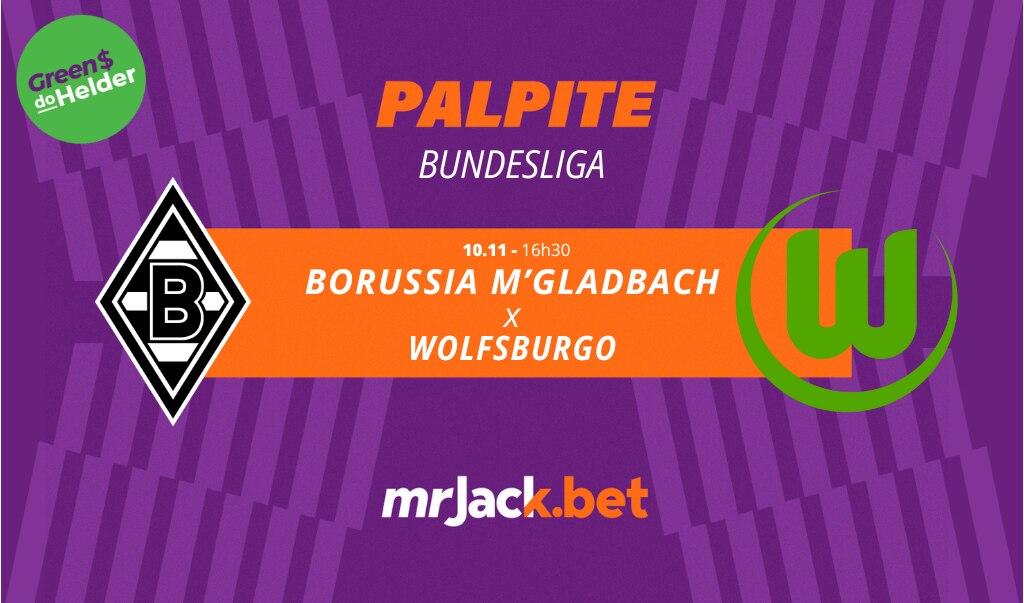 Representação gráfica com as imagens dos escudos de Borussia M’gladbach x VfL Wolfsburgo para o jogo da Bundelisga