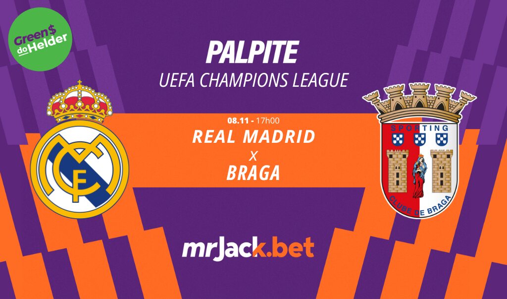 Representação gráfica com as imagens dos escudos de Real Madrid x Braga para o jogo do Champions League