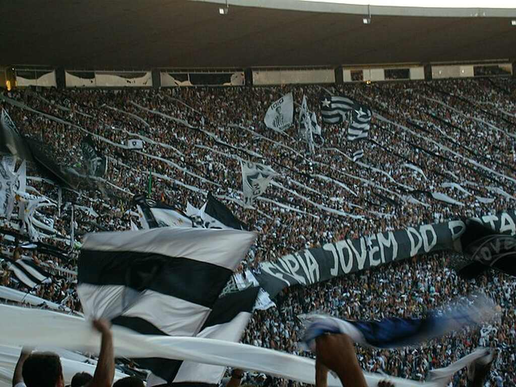 Torcida do Botafogo fazendo festa e erguendo bandeiras em arquibancada de estádio durante partida de futebol.