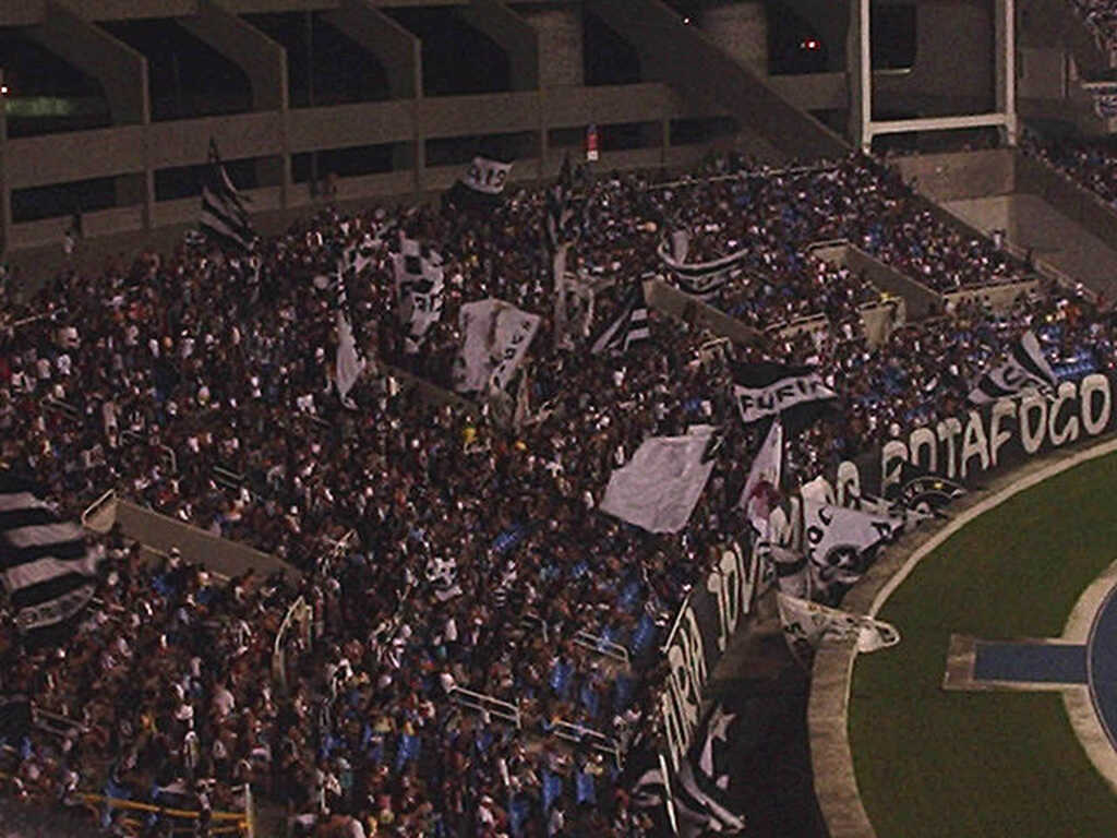 Torcida do Botafogo erguendo bandeiras e fazendo festa em arquibancada de estádio durante a partida.