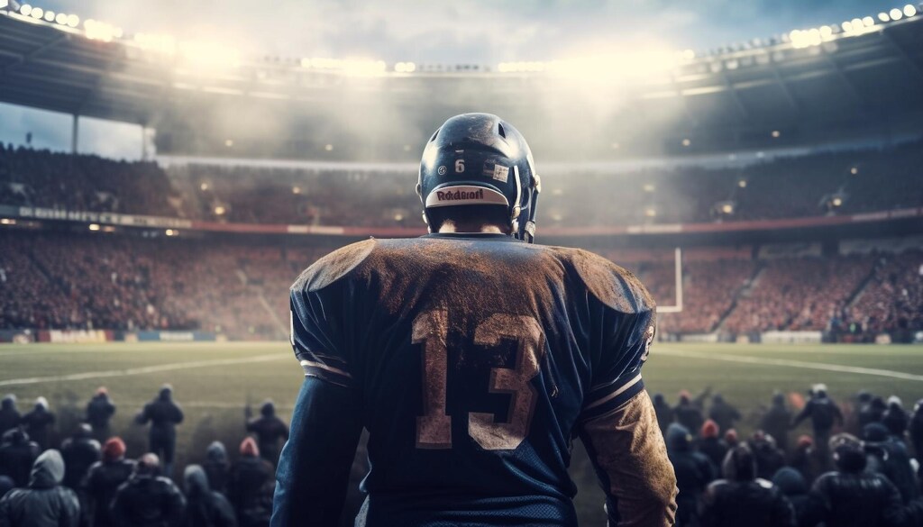 Jogador de futebol americano vestindo uniforme e capacete azul sujo de terra com o número 13 nas costas.