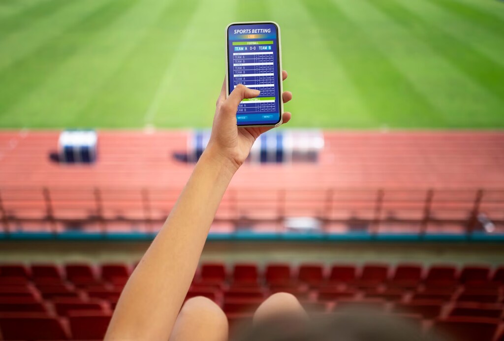 apostador aposta em escanteio limite com um celular, dentro do estádio