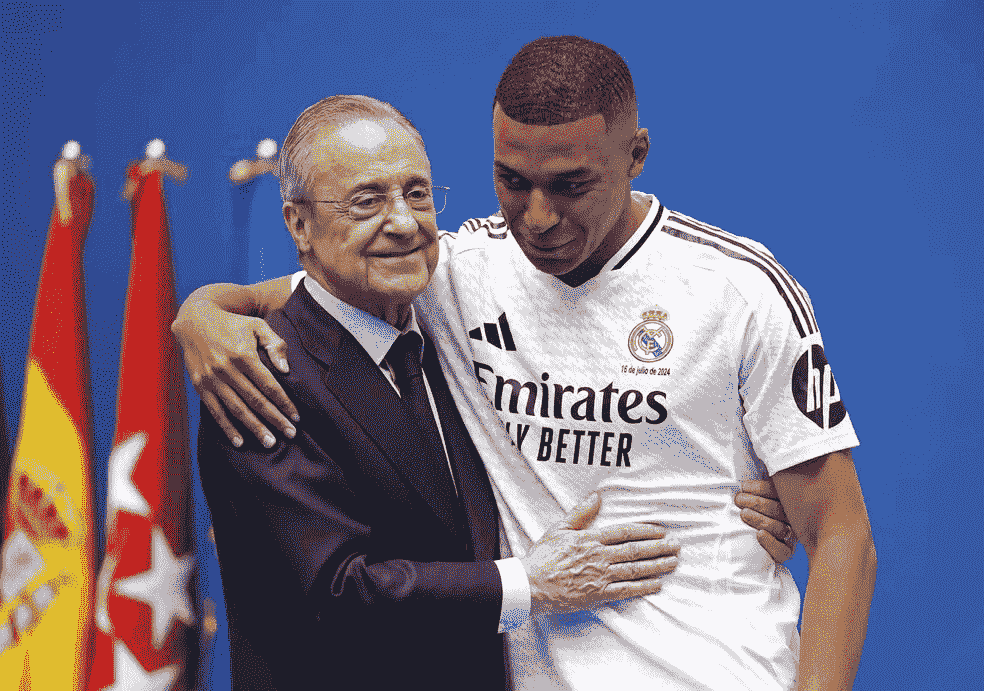 Kylian Mbappé abraçado com o presidente do Real Madrid, após ser contratado pela janela de transferência