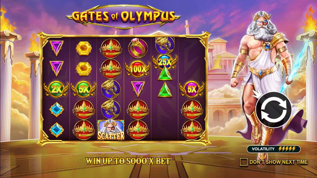 Tela do jogo de slot Gates of Olympus, com os diferentes símbolos sendo rolados na tela ao lado da figura de Zeus.