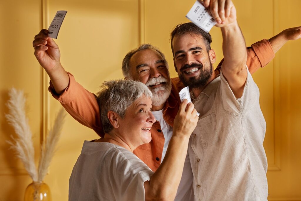 Um senhor e uma senhora animados, comemorando abraçados com um rapaz mais jovem, enquanto observam bilhetes da loteria.