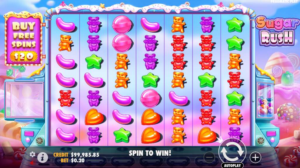 Tela do jogo de slot Sugar Rush, com doces coloridos distribuídos entre as colunas do jogo.