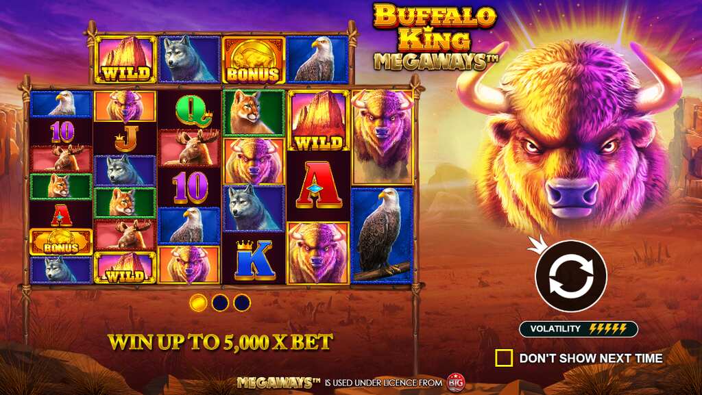 Tela inicial do jogo de slot Buffalo King Megaways, com explicações de como funciona o jogo e botão de spin.