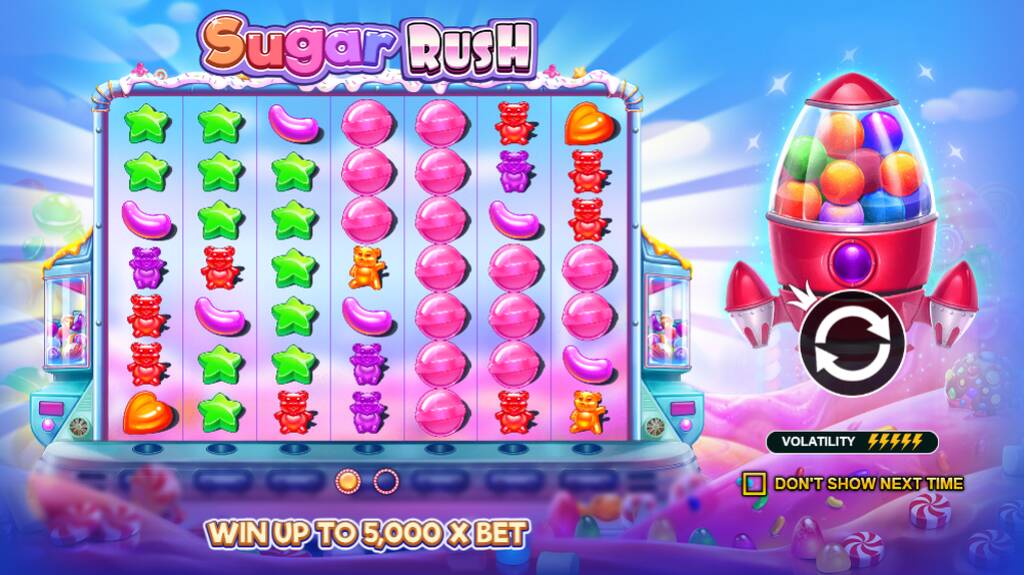 Tela do jogo de Slot Sugar Rush, com diversos doces espalhados pelo quadro de jogo em uma interface colorida.