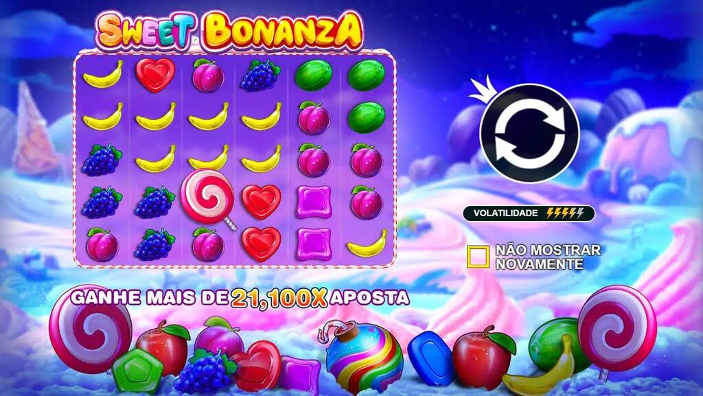 Tela do jogo Sweet Bonanza com símbolos dos doces espalhados pelo quadro.