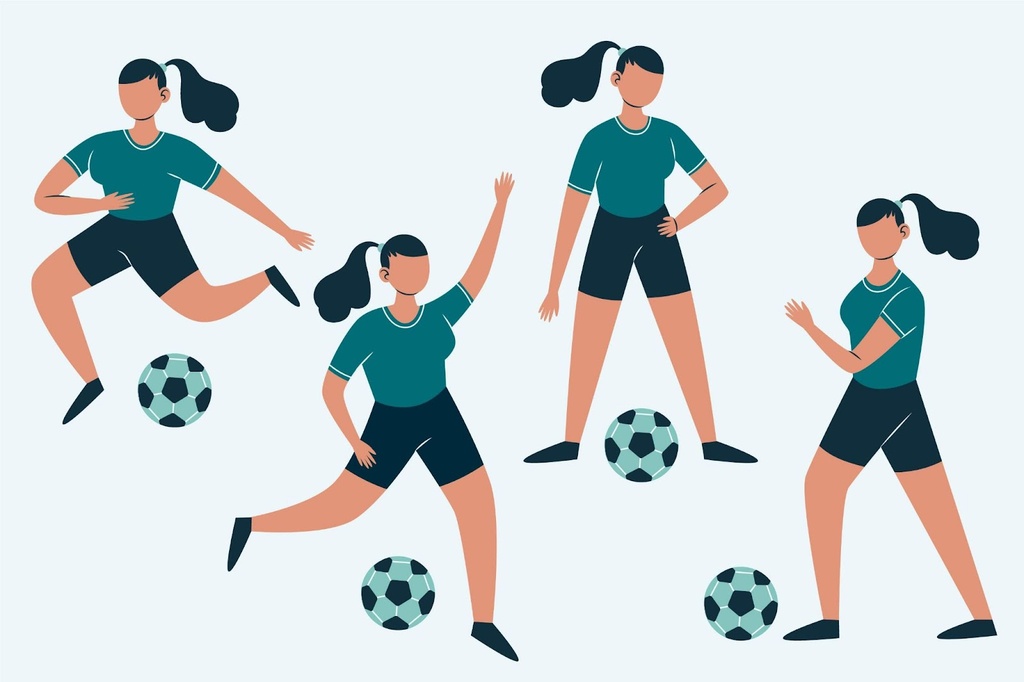 Arte de 4 jogadoras de futebol feminino vestindo calção preto e camisa verde, conduzindo uma bola cada uma.