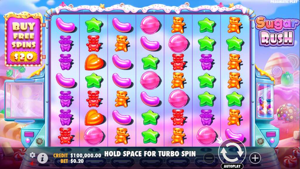 Tela do jogo de slot Sugar Rush, com doces coloridos espalhados em colunas do jogo em interface colorida.