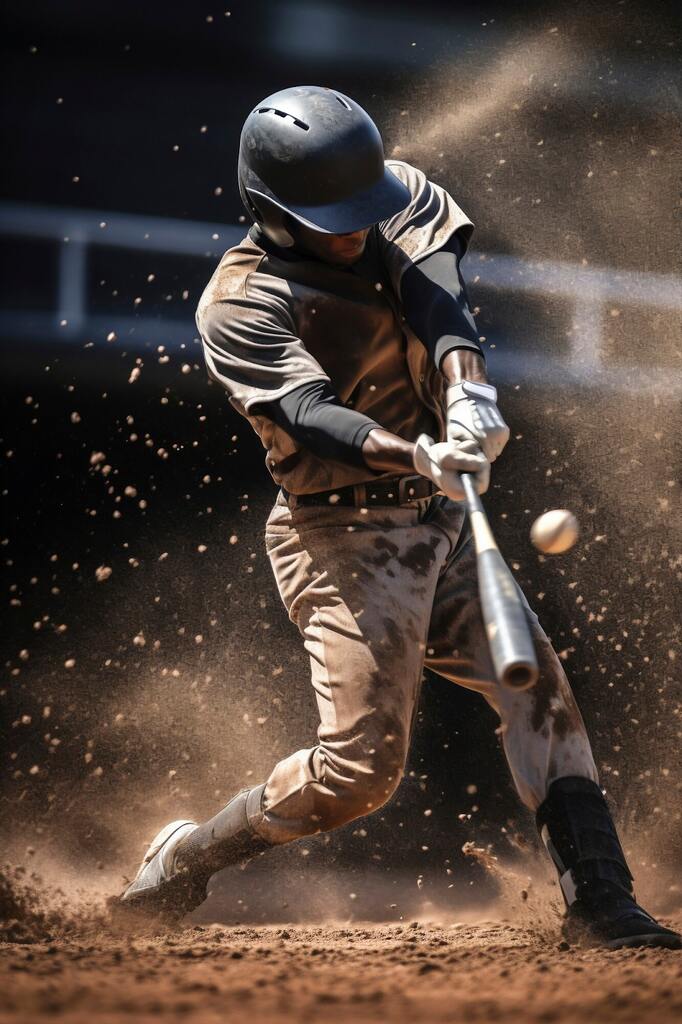 Jogador de baseball rebatendo uma bola arremessada, com grande quantidade de terra se levantando.