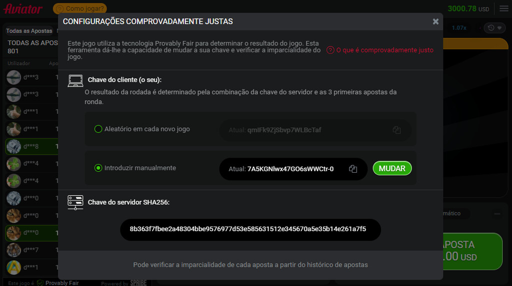Tela de configurações comprovadamente justas do jogo Aviator, com a chave do cliente e do servidor do jogo.