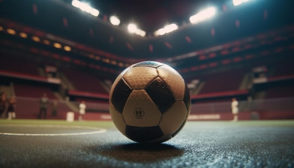 Bola de futsal no chão em uma quadra, com as arquibancadas vazias e os refletores ligados ao fundo.