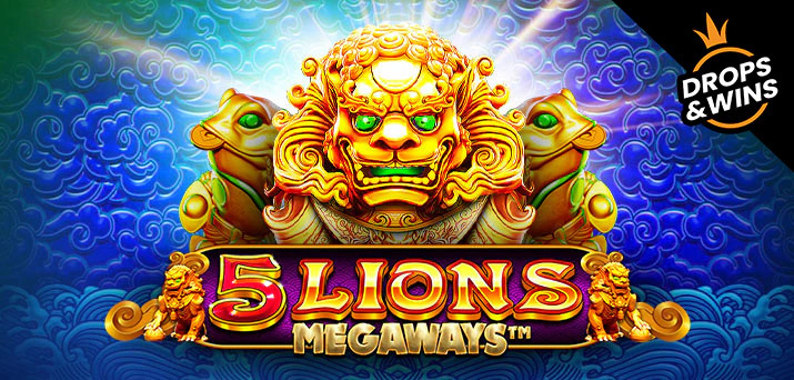 Representação gráfica de leões dourados com o logo do jogo de slot 5 lions Megaways