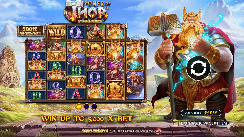 Tela de início do jogo de slot Power of Thor Megaways Online.