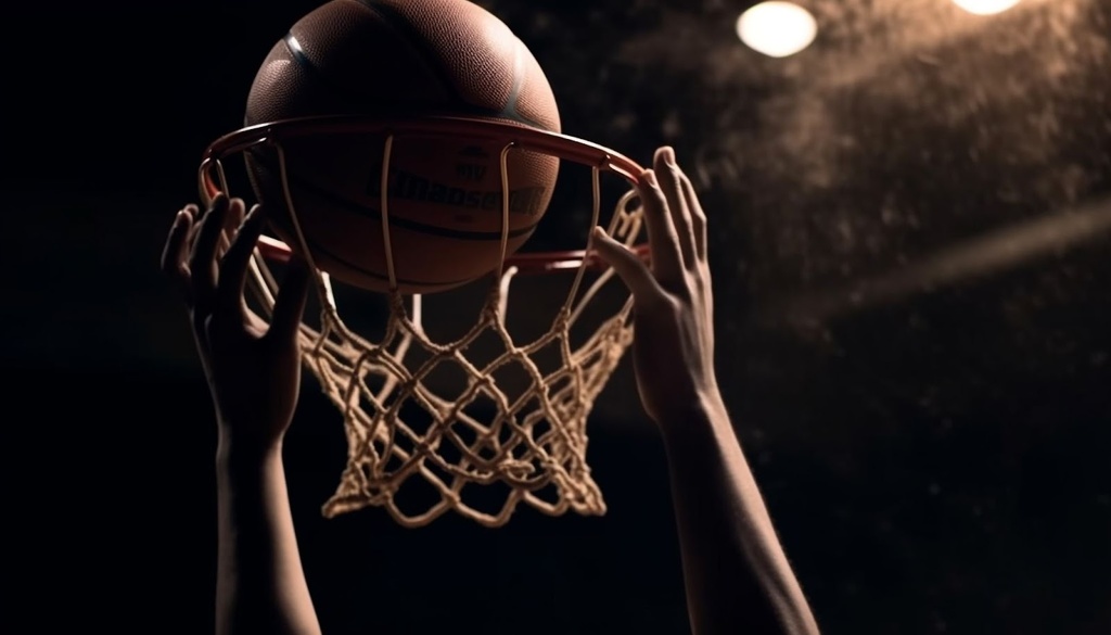 Pessoa segurando em cesta de basquete, com bola batendo nos aros e entrando na cesta.