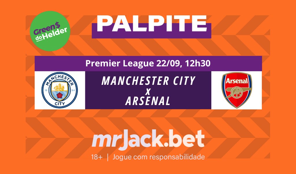 Representação gráfica com as imagens dos escudos de Manchester City x Arsenal pelo jogo da Premier League