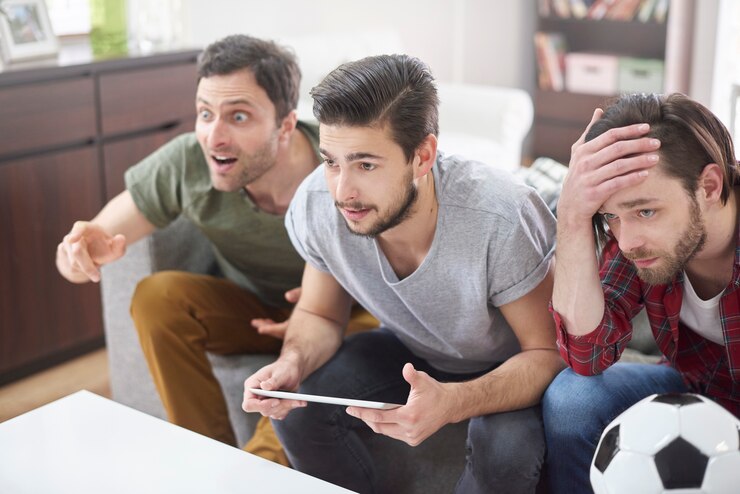 3 pessoas assistindo a uma partida de futebol 