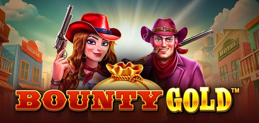 Arte de um homem e uma mulher com chapéu de cowboy e uma arma na mão, simulando o velho oeste no jogo de slot Bounty-Gold.