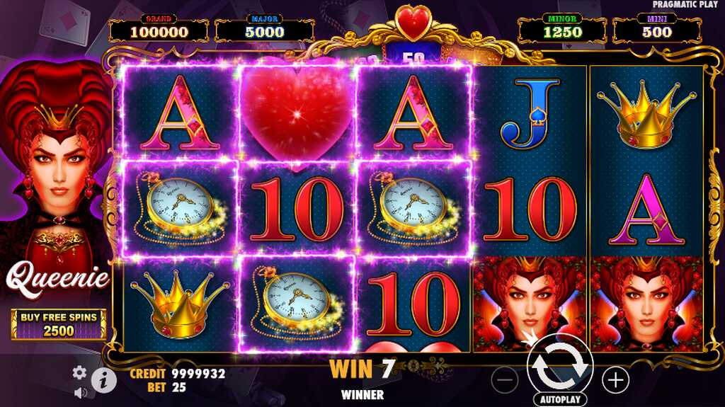 Tela do jogo de slot Queenie slot com símbolos na tela e indicador de 7 vitórias em baixo.