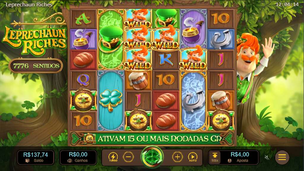 Tela do jogo de slot Leprechaun Riches com símbolos e números no quadro de resultados. 