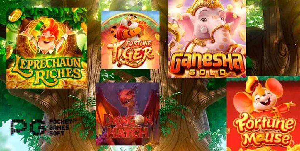 Jogos de slot da PG Soft distribuídos em árvore gigante.