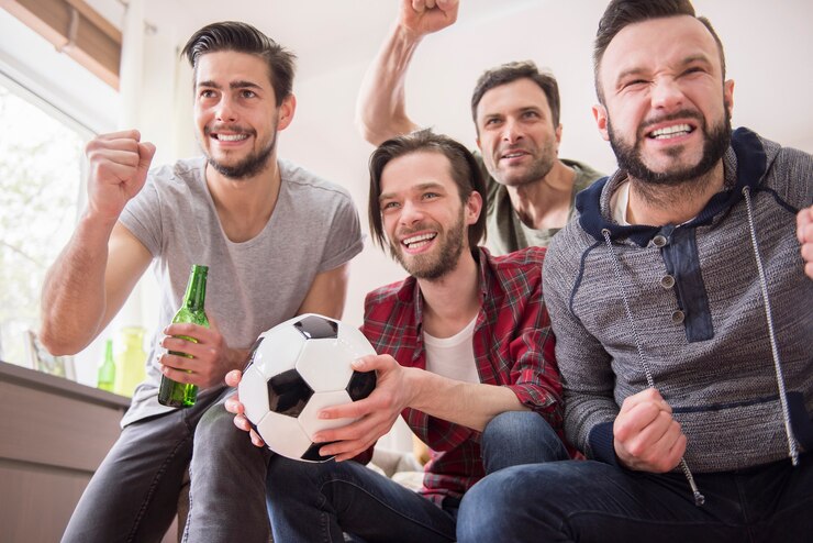 Amigos bebendo cerveja e assistindo jogo de futebol