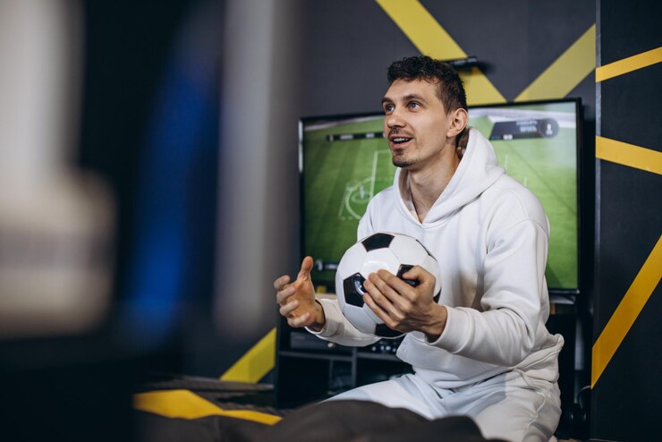 Homem assistindo jogo de futebol em uma tv segurando uma bola