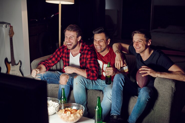 Pessoas sorrindo assistindo a uma partida de futebol 