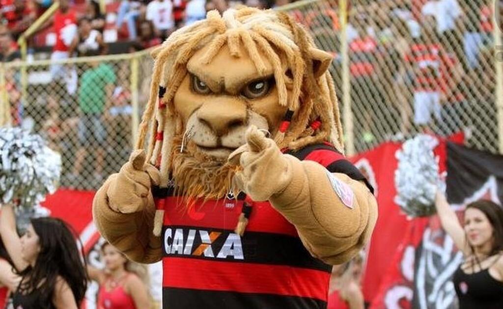 Fantasia de leão com camisa do Vitória, mascote do time, durante jogo no estádio.