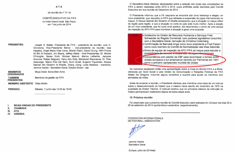 Ata do Comitê Executivo da FIFA que declarou o Palmeiras como o primeiro campeão mundial de clubes.