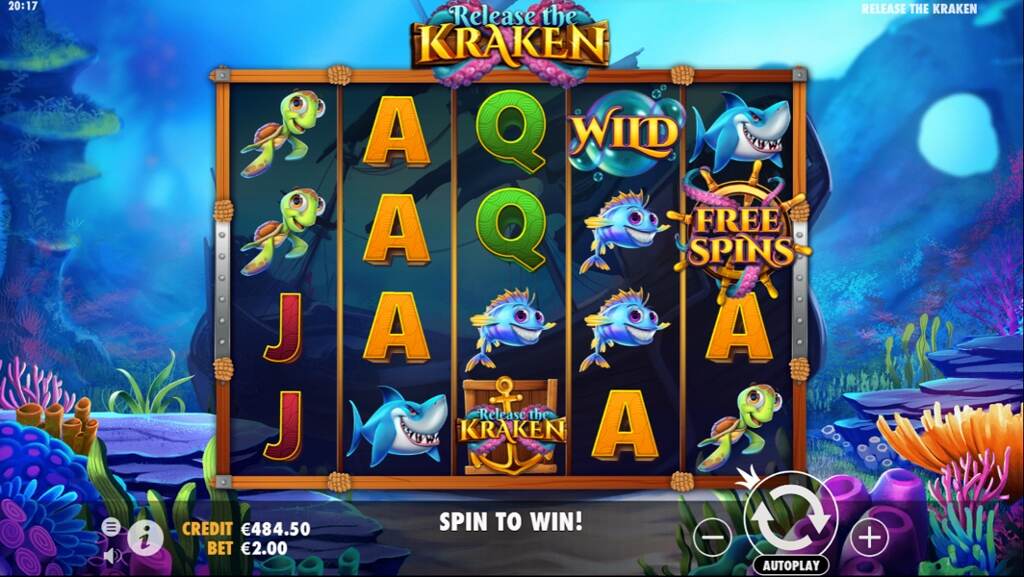 Tela do jogo de slot Release The Kraken no fundo do mar, com os símbolos na tela.