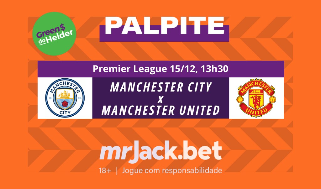 Representação gráfica com as imagens dos escudos de Manchester City x Manchester United para o jogo da Premier League