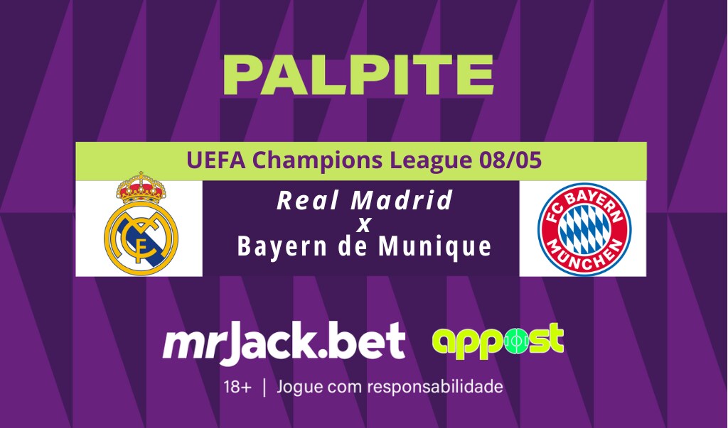 Representação gráfica com as imagens dos escudos de Real Madrid x Bayern de Munique para o jogo